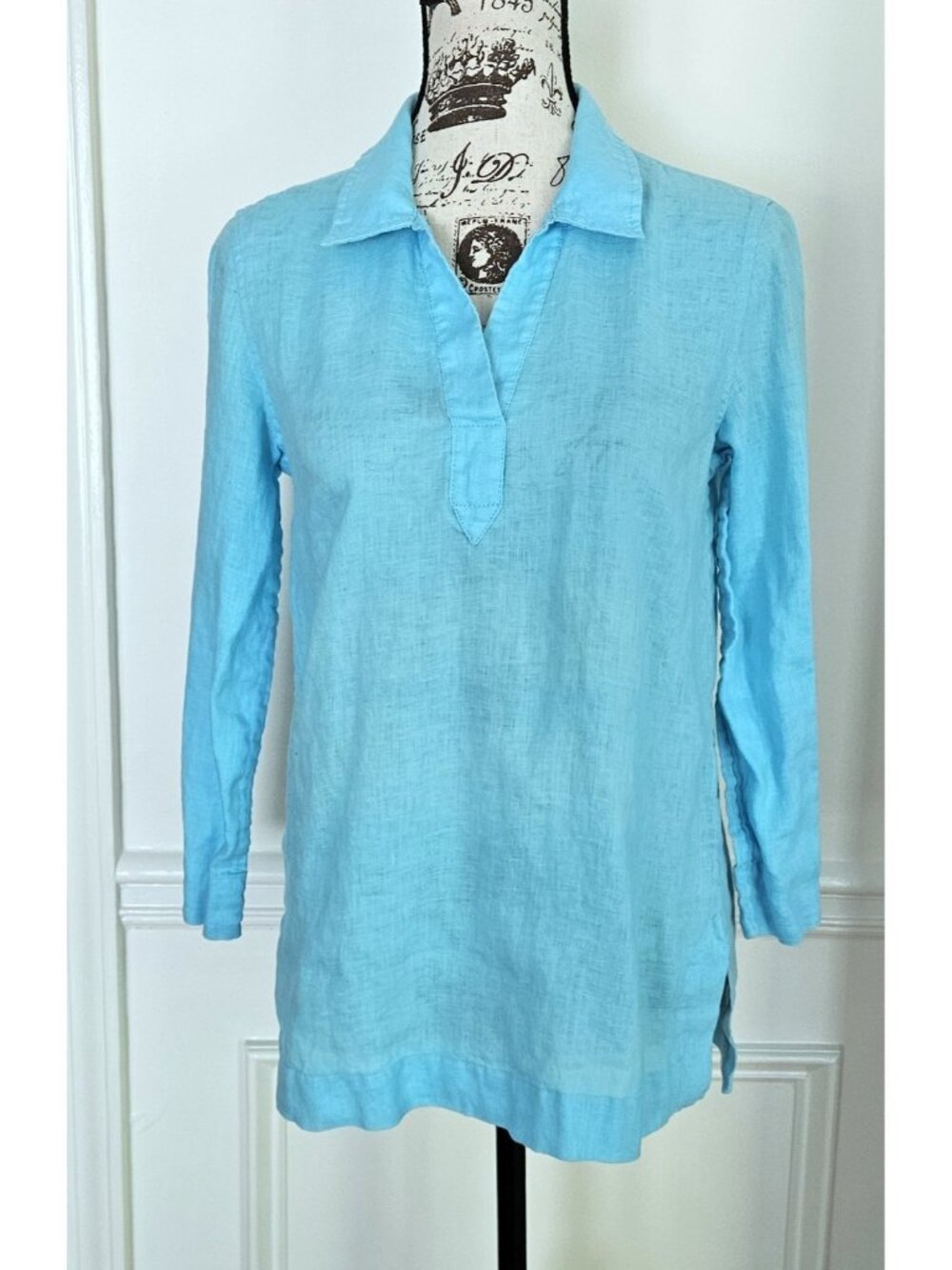 Lilly Pulitzer S 100% Linen Resort Blue V-Neck Collared Tunic Popover Top